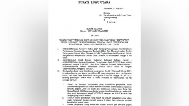Terapkan PPKM Level 3, Masuk Luwu Utara Wajib Isolasi Mandiri 5 Hari