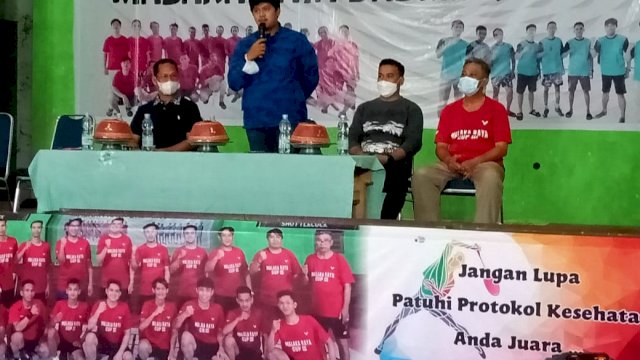 Ketua Pasi Kabupaten Soppeng Andi Muhammad Farid Kaswadi Razak, memberikan sambutan saat membuka Turnamen Bulutangkis Malaka Raya Cup III di Gor Langkemme Watansoppeng, Selasa (24/08/2021).