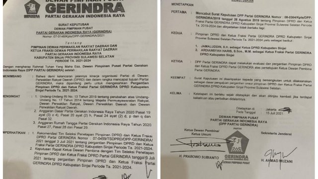 SK DPP Partai Gerindra yang ditandatangani Ketua Umum Prabowo Subianto dan Sekretaris Jendtal Ahmad Muzani.