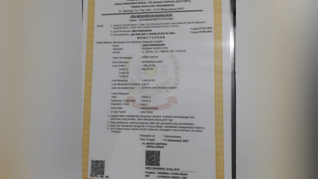 IMB Pasar Rakyat Tanalle yang terbit Tanggal 10 September 2021, namun tanggalnya tertukis tanggal 11 September 2021.