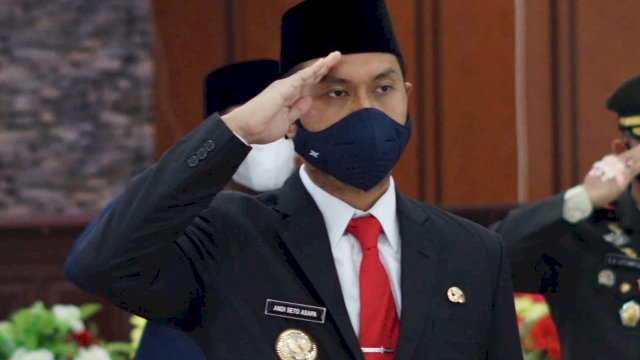 Bupati Sinjai Andi Seto Ghaditsa Asapa, saat mengikuti Upacara Hari Kesaktian Pancasila secara Firtual, Jumat (01/10/2021).