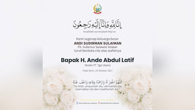 Pendiri Tiga Utama Berpulang, Plt Gubernur Sulsel Sampaikan Bela Sungkawa