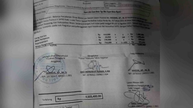 Surat Pencairan dana Surat Perintah Perjalanan Dinas (SPPD) Kepala Dinas Kominfo Kabupaten Luwu Timur.