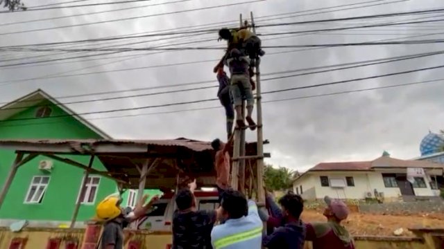 Proses evakuasi Petugas PJU Dinas Tarkim Kabupaten Luwu Timur yang tersengat Listrik, Selasa (07/12/2021).