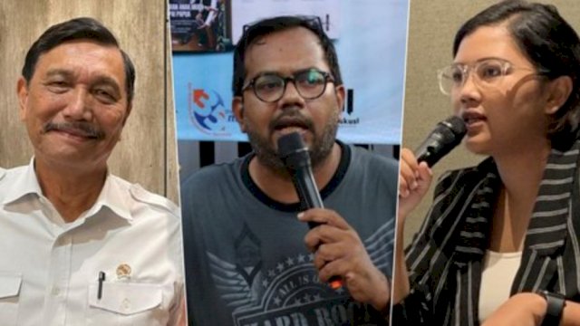 Luhut Binsar Panjaitan (kiri), Haris Azhar (tengah), Fatia Maulidiyanti (kanan).