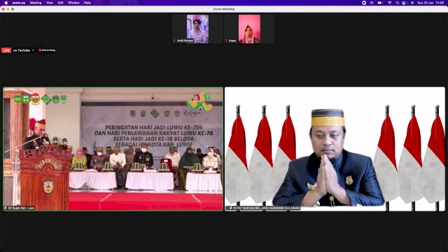 Plt Gubernur Sulsel Andi Sudirman Sulaiman, memberikan sambutan saat menghadiri upacara Peringatan 754 tahun Kabupaten Luwu, Hari Perlawanan Rakyat Luwu ke-76, dan 16 Tahun Belopa sebagai Ibukota Kabupaten Luwu, secara Virtual, Minggu (23/01/2022).