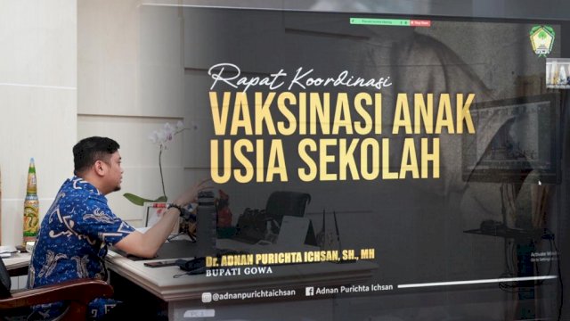 Bupati Gowa Adnan Purichta Ichsan, saat memimpin rapat koordinasi percepatan vaksinasi secara virtual di Peace Room A'Kio Kantor Bupati Gowa, Jumat (28/01/2022). (Istimewa)
