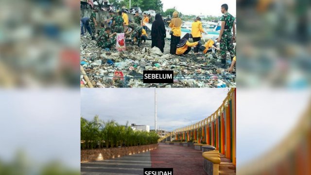 Penampakan Anjungan Cempae Kota Parepare sebelum dan setelah dibenahi. (Foto: Istimewa)