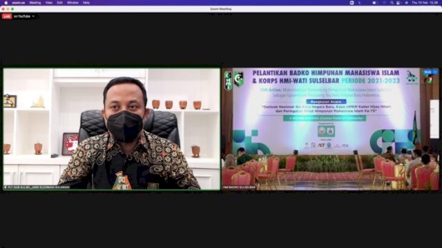 Plt Gubernur Sulsel Andi Sudirman Sulaiman, saat menghadiri Pelantikan Badko Himpunan Mahasiswa Islam (HMI) dan Korps HMI-Wati Sulselbar Periode 2021-2023 secara virtual, Kamis (10/02/2022). (Foto. Istimewa)
