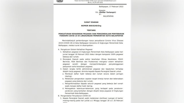 Surat Edaran yang ditandatangani oleh Plt Sekretaris Daerah Kota Balikpapan, Muhaimin. (Istimewa)