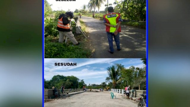 Penampakan Jembatan Sungai Palattae atau biasa disebut Palakka di Kabupaten Bone, sebelum dan setelah direnovasi. (Foto: Istimewa)