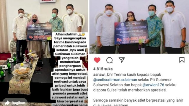 Tangkapan Layar Postingan Instagram Asnawi dan Instastory Irfan jaya yang memberikan ucapan terimakasih kepada Plt Gubernur Sulsel Andi Sudirman Sulaiman, Jumat (25/02/2022). (Istimewa)