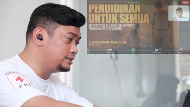 Bupati Gowa Adnan Purichta Ichsan saat menjadi narasumber pada Temu Ilmiah Nasional pada Mubes IKA Unhas Tahun 2022 secara virtual, Kamis (03/03/2022). (Istimewa)