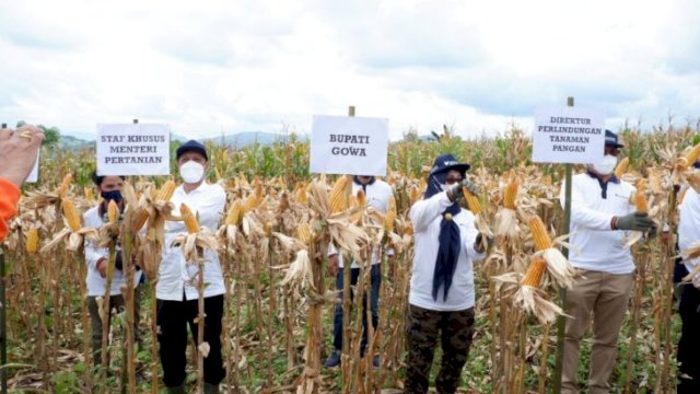Pj Sekda Kabupaten Gowa Kamsina (tengah) di sela-sela rangkaian Teknologi Penyiapan Lahan Jagung dan Closed Loop Knapsack Sprayer (CLKS) bagi petani di Desa Romangloe, Kecamatan Bontomarannu, Sabtu (05/03/2022). (Ist)