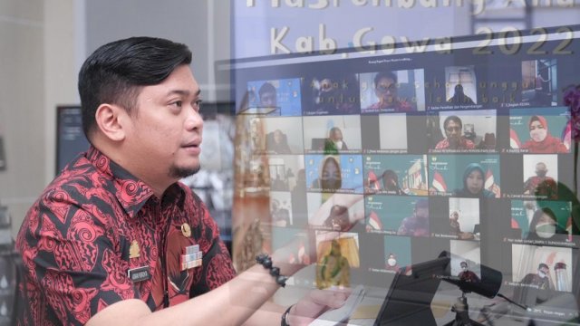 Bupati Gowa, Adnan Purichta Ichsan saat membuka Musrenbang anak dengan tema &ldquo;Anak Gowa Sehat Unggul, Untuk Gowa Lebih Baik&rdquo; secara virtual, Kamis (10/3/2022). (Foto: Humas Pemkab Gowa)
