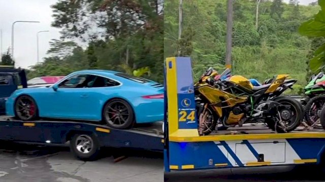 Sejumlah mobil mewah dan motor gede aset Doni Salman disita Mabes Polri, Senin (14/03/2022). (Istimewa)