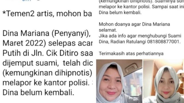 Postingan Sosial Media heboh beredar di Sosmed saat Dina Mariana dikabarkan hilang, Kamis (17/03/2022) malam. (Foto: Tangkapan Layar)