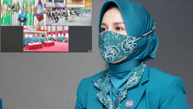 Ketua TP PKK Kabupaten Gowa Priska Paramita Adnan Purichta Ichsan, saat menghadiri pelantikan Ketua TP PKK Sulsel secara virtual, Kamis (31/04/2022) kemarin. (Istimewa)