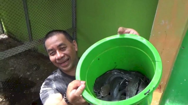 Kepala SMA Negeri 20 Kota Makassar Mirdan Midding, memperlihatkan Ikan Lele hasil budidaya di Sekolahnya, Sabtu (02/04/2022). (Istimewa)