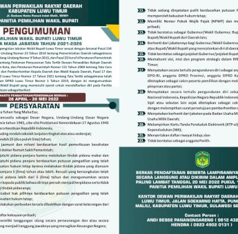Berlangsung 3 Pekan, DPRD Umumkan Pendaftaran Calon Wakil Bupati Luwu Timur
