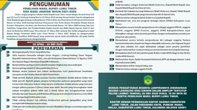 Pengumuman Pendaftaran Wakil Bupati Luwu Timur. (Istimewa)