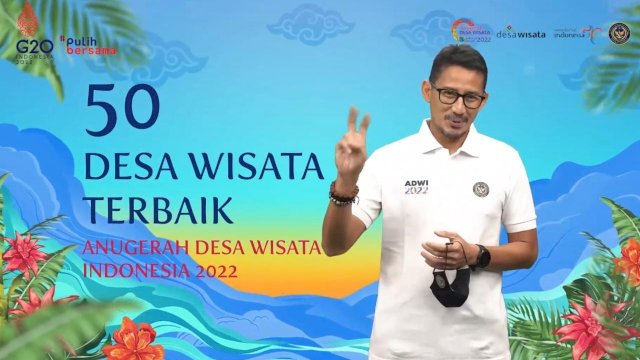 Menteri Pariwisata dan Ekonomi Kreatif Sandiaga Salahuddin Uno, mengumumkan 50 besar Anugerah Desa Wisata Indonesia (ADWI 2022), melalui Chanel Youtube, Rabu (27/04/2022). (Istimewa)