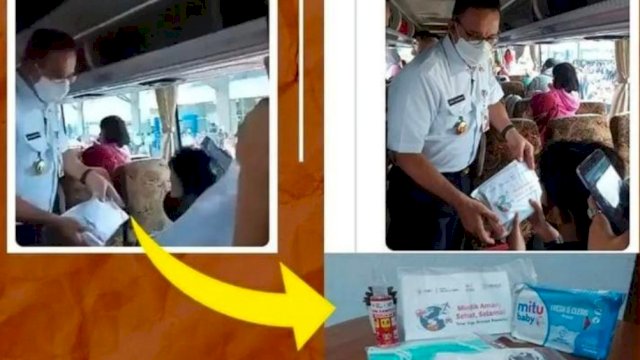 Gubernur DKI Jakarta Anies Baswedan membagikan masker, tisu basah, dan hand sanitizer, kepada Pemudik Gratis Program Pemprov DKI Jakarta, di Terminal Pulo Gebang, Jakarta Timur pada Rabu (27/04/2022). (Istimewa)