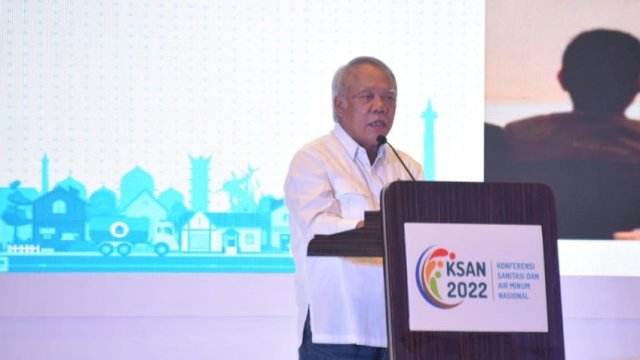 Menteri Pekerjaan Umum dan Perumahan Rakyat (PUPR) Basuki Hadimuljono memberikan sambutan saat Konfrensi Sanitasi dan Air Minum Nasional. (Istimewa)