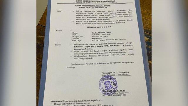 SK Pemberhentian Kepala Sekolah SDN 7 Turatea, Kabupaten Jeneponto. (Istimewa)