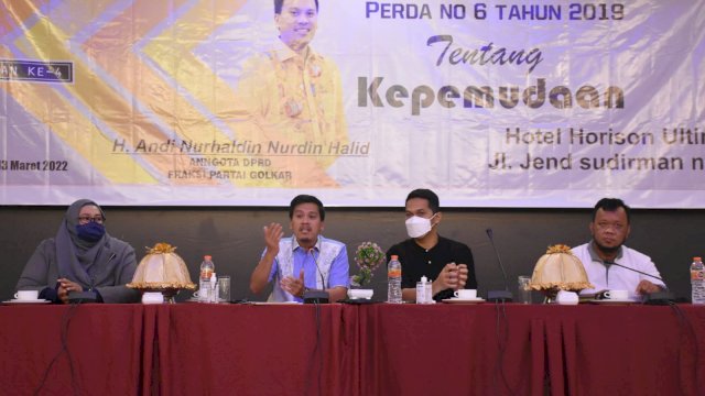 Wakil Ketua DPRD Makassar, Andi Nurhaldin NH saat menyosialisasikan Perda Kepemudaan di Hotel Horizon Ultima, Jl Jenderal Sudirman, Minggu (13/3/2022). (Foto: Istimewa)