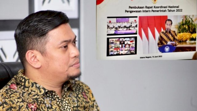 Bupati Gowa Adnan Purichta Ichsan saat menghadiri Pembukaan Rakornas Wasin Tahun 2022 BPKP RI Secara Virtual di Peace Room A&rsquo;Kio, Kantor Bupati Gowa, Rabu (15/06/2022). (FOTO. Humas Gowa)