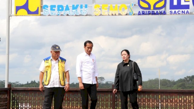 Menteri Basuki, Presiden Jokowi dan Puan Maharani saat meninjau Bendungan Sepaku Semoi, Rabu (22/06/2022). (Istimewa)
