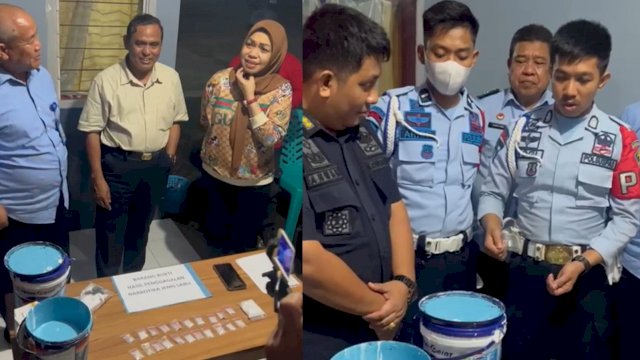 Dua orang petugas Lembaga Pemasyarakatan (Lapas) Klas llB Takalar, Yogi dan Arief, berhasil menggagalkan penyelundupan narkoba jenis sabu seberat 78,06 gram ke dalam lapas Kabupaten Takalar Sulawesi Selatan, Selasa (28/06/2022). (Foto: Wawan Setiawan)