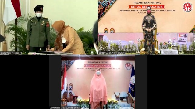 Ketua Dewan Kerajinan Nasional (Dekranas) Pusat Wury Estu Handayani Ma'ruf Amin, saat melantik Ketua Dekransda Sulawesi Selatan Naoemi Octarina sisa masa bakti 2018-2023 dan Ketua Dekranasda Kalimantan Tengah Yulistra Ivo Sabran untuk Masa Bakti 2021&ndash;2024 secara virtual, pada Jumat (17/06/2022). (Istimewa)