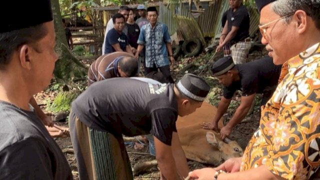 Burhanuddin Saputu (kanan) saat menyaksikan pemotongan hewan qurban, Minggu (10/07/2022).