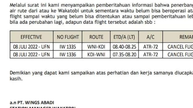 Petikan salinan surat PT Wings Abdi Station Manager Wakatobi. (Istimewa)
