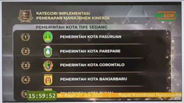 Pemkot Parepare Raih Penghargaan Pada Ajang BKN Award 2022 Kategori Implementasi Penerapan Manajemen Kinerja