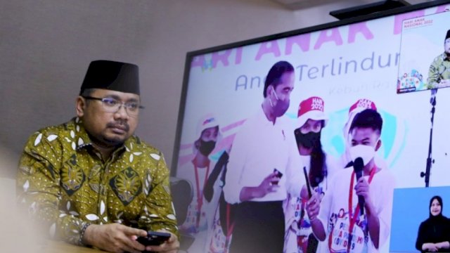 Menteri Agama Yaqut Cholil Qoumas, saat menghadiri Peringatan Hari Anak Nasional (HAN) 2022 secara daring, Sabtu (23/07/2022). (Istimewa)