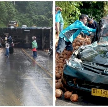 Truk Muatan Kelapa Terguling di Hutan Warangga Kabupaten Muna