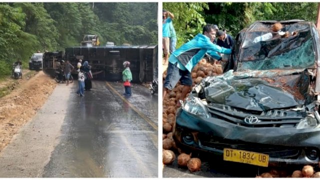  Mobil Fusa Isuza Dump Truk dengan No Pol : DT 9209 AY Warna Putih Yang Bermuatan Kelapa Tua Terguling Di Jalan Poros Umum Hutan Warangga. (Istimewa)