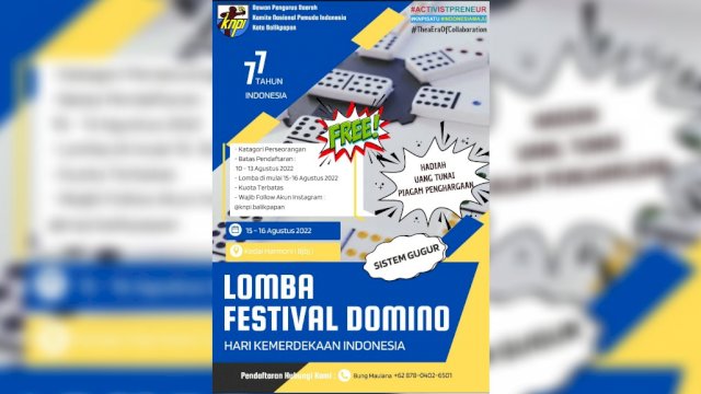 Pengumuman Lomba Domino KNPI Kota Balikpapan (Istimewa)