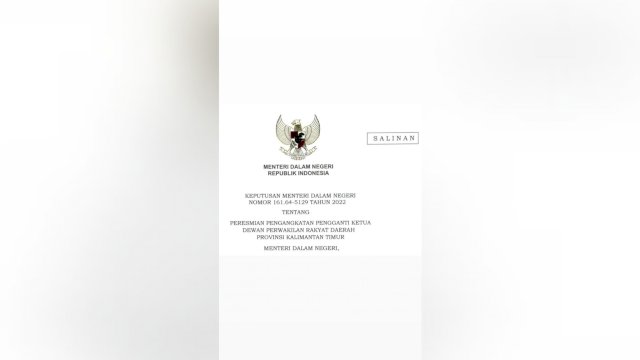 SK Pengangkatan Hadanuddin Mas'ud sebagai Ketua DPRD Kalimantan Timur. (Istimewa)