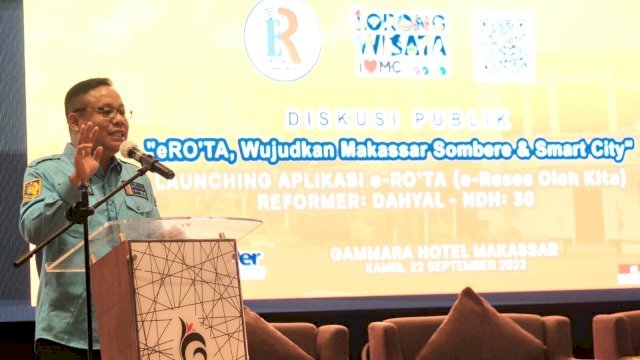 Sekretaris Dewan DPRD Kota Makassar, M Dahyal saat launching aplikasi e-RO'TA di Hotel Gammara, Jl Metro Tanjung Bunga, Makassar, Kamis (22/9/2022). (Foto: Istimewa)