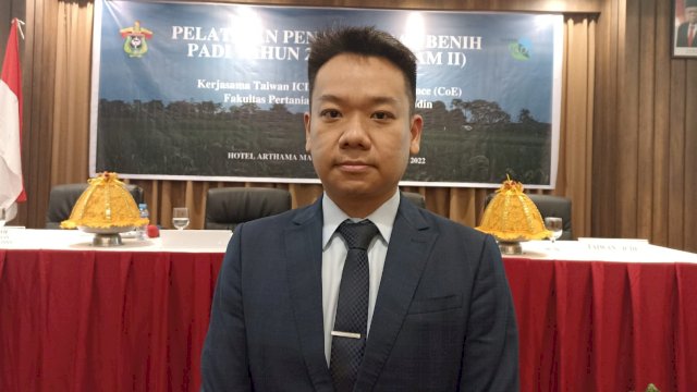 Chief of Taiwan Technical Mission of Taiwan ICDF in Indonesia Kao Hsiang Tai, saat menghadiri pembukaan Pelatihan Penangkaran Benih Padi Tahun 2022, di Hotel Arthama Makassar, kemarin. (Foto: Chaerani/Republiknews.co.id)