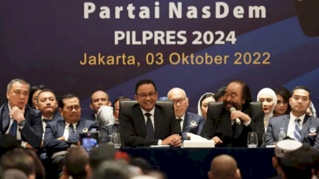 Anies Baswedan saat diperkenalkan sebagai capres usungan Partai NasDem pada Pilpres 2024 di Gedung Tower NasDem, Jakarta, Senin (3/10/2022). (Foto: Istimewa)