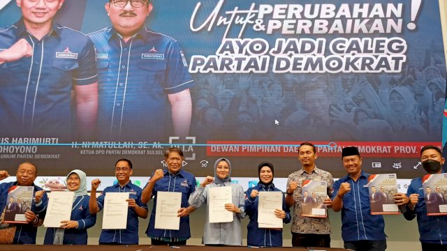 DPD Demokrat Sulsel melakukan launching pendaftaran caleg untuk Pemilu 2024 dalam Rakorda yang digelar di Hotel Claro, Makassar, Kamis (20/10/2022). (Foto: Istimewa)