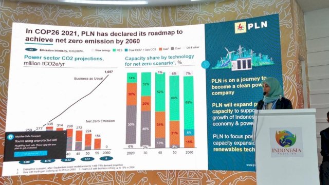 PLN menjadi salah satu peserta yang hadir dalam COP27 di Mesir. Dalam pertemuan tersebut PLN memaparkan komitmennya menuju energi ramah lingkungan dalam tahapan skema pembiayaan. (Dok. PLN UIP Sulawesi)