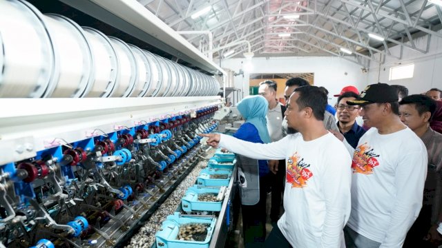 Gubernur Sulsel Andi Sudirman Sulaiman, didampingi Bupati Wajo Amran Mahmud, saat meninjau Industri Pengelolaan Kain Sutera di Wajo, Sabtu (12/11/2022). (Istimewa)