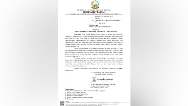 Surat Edaran yang ditandatangani oleh Plh Sekda Sulsel, Andi Aslam Patonangi. (Istimewa)