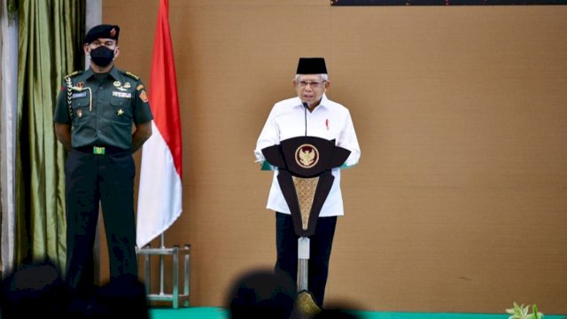 Wakil Presiden RI Ma'ruf Amin, memberikan sambutan apresiasi ke Bank Sulselbar, Sabtu (03/12/2022). (Istimewa)